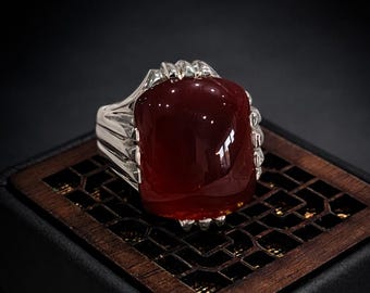Blood Red Aqeeq Ring for Men, Natural Agate, Emerald Cut Islamic Ring, Men's Ring, Christmas Gift