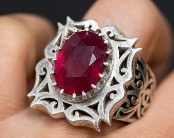 Natural Ruby Mens Ring: Engraved rings  Vintage 925 Sterling Silver, Oval Gemstone, Islamic rings