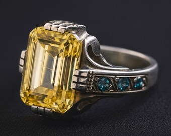 Yellow Zircon Statement Ring: Vintage Sterling Silver, Green Accent Stones