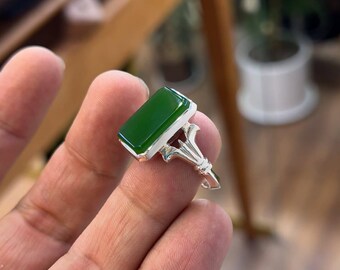 Green Agate Ring: Handmade 925 Sterling Silver Sabz Aqeeq Statement