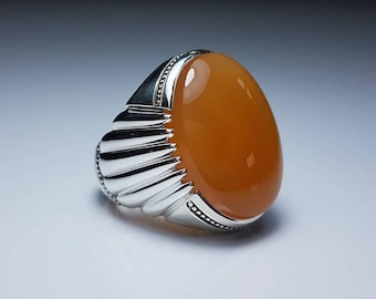 Handmade Orange Agate Sterling Silver Ring: Bold Men's Statement Jewelry