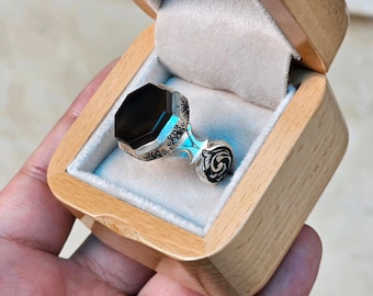 Black agate engraved silver ring handmade ring Gift for him her