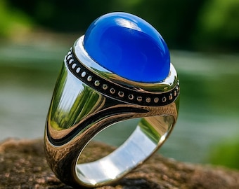 Handmade Sterling Silver Blue Agate Ring: Islamic Aqeeq Style