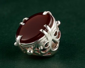 Yemeni Aqeeq Ring: Sterling Silver, Dark Red Carnelian, Handmade Islamic Jewelry