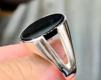 Black agate silver ring handmade ring Gift for him her