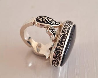 Handcrafted Sterling Silver Black Onyx Ring: Floral Band, Elegant Mens Jewelry