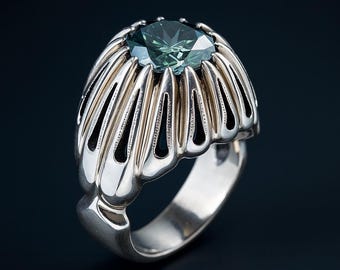 Men's Sterling Silver Green Moissanite Statement Ring: Vintage Cocktail Style