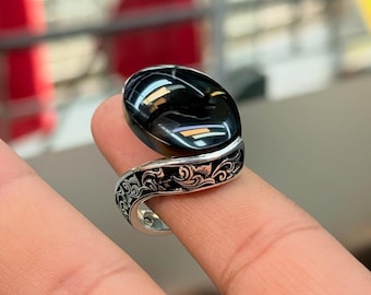 Handmade Black Agate Aqeeq Ring: Sterling Silver Islamic Jewelry