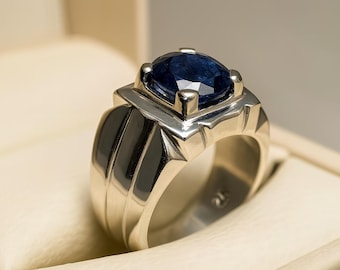 Royal Blue Sapphire-ring heren: handgemaakte 925 sterlingzilveren statement-ring