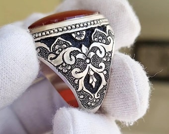 Ottoman Style Aqeeq Stone Ring: 925 Sterling Silver Handmade Men's Ring