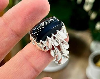 Handmade Black Agate Aqeeq Ring: Sterling Silver Islamic Jewelry