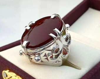 Yemeni Aqeeq Ring: Sterling Silver, Dark Red Carnelian, Handmade Islamic Jewelry