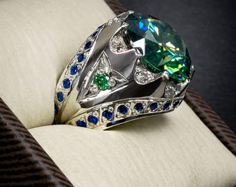 Green Moissanite Ring – 925 Sterling Silver Band – Handmade Unique Engagement Promise Ring for Her