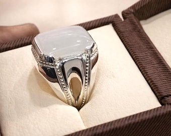 Natural White Agate Dur-e-Najaf Sterling Silver Ring, Islamic Statement Jewelry