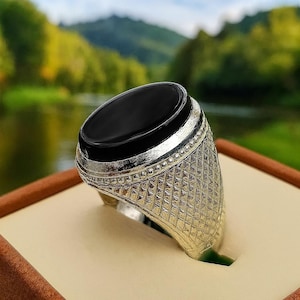 Black Agate Ring for Men: Sterling Silver Islamic Aqeeq Gemstone