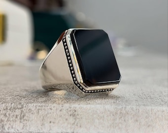 Islamic Black Agate Ring for Men: Sterling Silver Aqeeq Gemstone