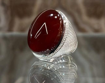 Dark Red Yemeni Agate Ring: Handmade Sterling Silver Mens Jewelry