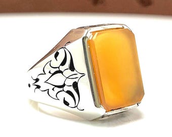 Handmade Yellow Agate Ring: Sterling Silver Gothic Signet