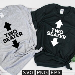May include: Two t-shirts, one gray and one black, with the text "TWO SEATER" and an arrow pointing up and down. The gray shirt has white sneakers next to it. The black shirt has a bouquet of pink and white roses next to it.