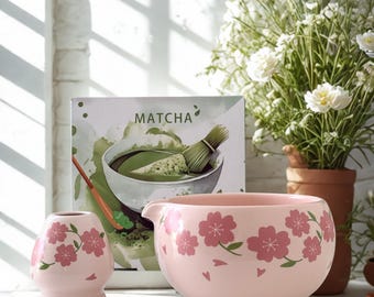Sakura Pink Ceramic Matcha Set – Japanese Tea Bowl and Whisk Holder