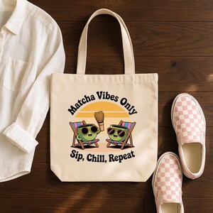 Matcha Vibes ONLY Matcha Tote Bag – Funny Matcha Lover Gift, Tea Aesthetic Cotton Bag, Reusable Shopping Bag, Punny Green Tea Tote
