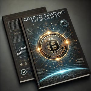 May include: A black book with the title "Crypto Trading for Beginners" on the cover. The cover features a gold Bitcoin symbol with a glowing effect and a blue and black background.
