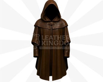 Storm Seeker’s Rustic Brown Leather Fantasy Hooded Cloak | Renaissance Handmade Gothic Medieval Battle Cape