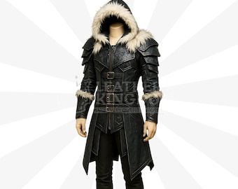 Donkere leren Assassin-jas met capuchon | Winter Fantasy Ranger Rogue-cosplay | Middeleeuws LARP-bontharnas