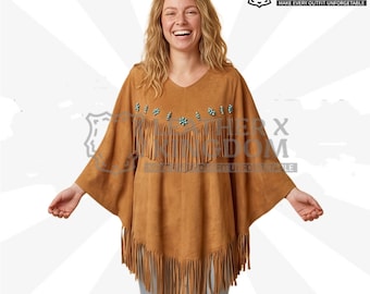 Western Fringe Leather Poncho, Handmade Leather Suede Cape, Boho Cowgirl Tassel Top, Coastal Cowgirl Festival Outfit, Bohemian Leather Cape