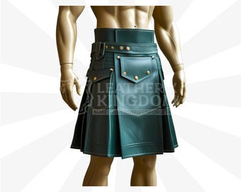 Reinforced Dominant Gladiator Rebel Green Utility Combat Leather Kilt | Ultimate Warrior Tactical Battle Skirt