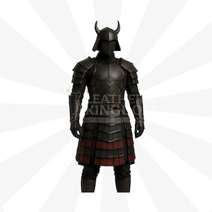 May include: Black leather samurai armor with a horned helmet. The armor features layered plates and a skirt with red accents. The image includes the text "LEATHER KINGDOM MAKE EVERY OUTFIT UNIQUE".