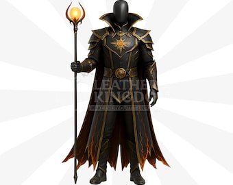 Inferno zwart-gouden tovenaarstovenaarkostuum | Sorcerer Warlock-pantser | Middeleeuwse tovenaarmantel | Fantasiejas