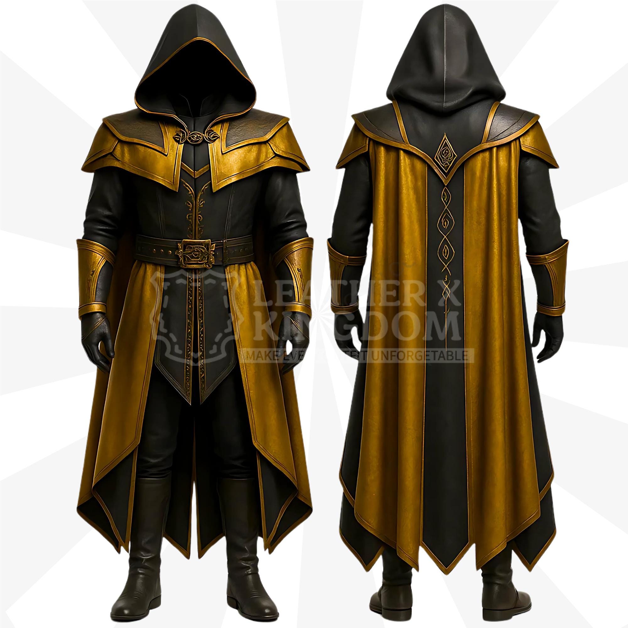 Raven Black & Gold Warlock Wizard Leather Cloak | Mage Gothic Commander ...