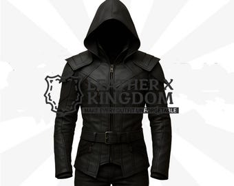 Black Hooded Leather Jacket for Men | Assassin Style Gothic Leather Coat | Handmade Biker Jacket | Cosplay & Streetwear Outfit