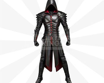 Blood-Stitched Gothic Assassin Warrior Combat Costume | Black Cowhide Medieval Cloak Coat | LARP Phantom Jacket
