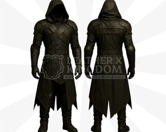 Bloodmark Raider Gothic Trench Cloak Costume | Deep Black Assassin Leather Coat | Reaper Combat Gear