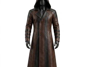 May include: A long brown coat with a hood, featuring black vertical panels along the front, black shoulder detailing, and three horizontal black bands on each sleeve. The coat has a button-down front closure and a structured, knee-length design.