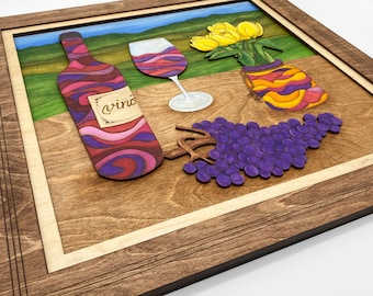 Wijnfles en tulpen Fine Art | Handgeschilderd gelaagd houten kunstwerk