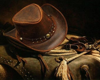 Rustic Cowboy Hat - Vintage Distressed Leather Western Style  display picture 2