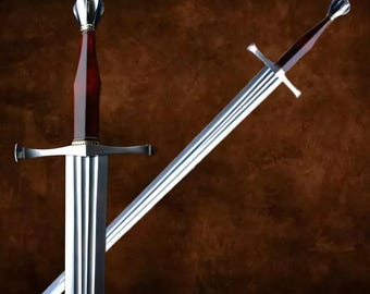 May include: A double-edged steel sword featuring a polished silver crossguard and a dark reddish-brown wooden handle. The pommel is a rounded silver metal shape. The blade is straight with a central fuller running down the length of the metal.