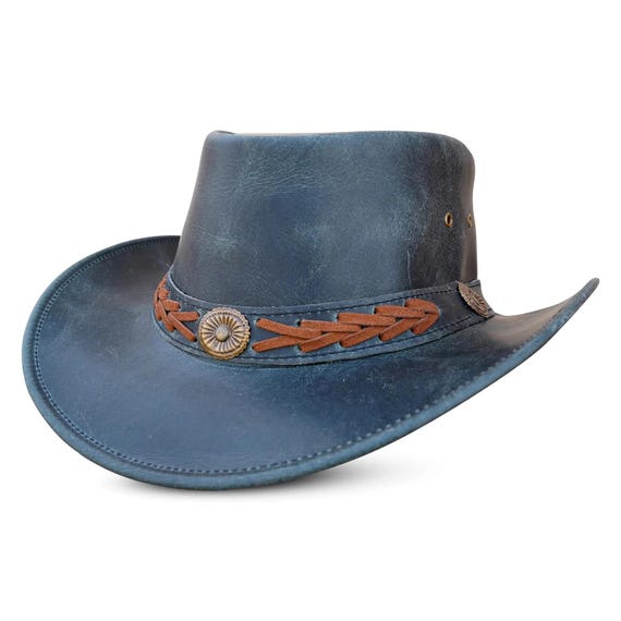 Blue Leather Cowboy Hat: Wide Brim Western Hat With Sunburst  display picture 1