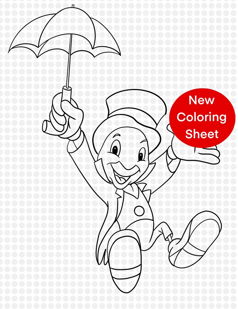 Jiminy Cricket Disney Art Coloring Pages Sheets Book 8.5x11 | Etsy