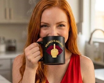 Savage Silence Is Golden Mug | Black 15oz Coffee Cup | Bold Middle Finger Lips Design | Snarky Gift for Coworkers & Introverts | Edgy Office