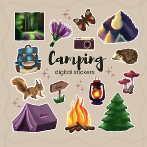 Camping Adventure Digital Stickers, 2D flat animal clipart, GoodNotes stickers, cute forest PNG, outdoor digital journaling set, transparent