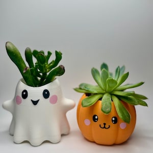 May include: Two small, decorative planters, one shaped like a white ghost and the other like an orange pumpkin. Both planters have smiling faces and hold green succulents. The ghost planter has pink cheeks, while the pumpkin has a black face.