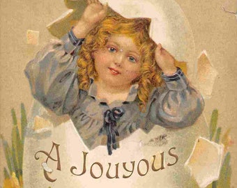 Girl in Large Easter Egg Joyous Happy Easter 1910 postcard