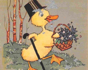 Easter Chick Top Hat Cane Silver Paint Highlights Happy Easter 1928 postcard