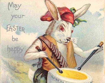 Dressed Rabbit Playing Drum Egg Happy Easter 1908 postcard