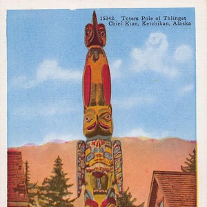 Carte postale en lin, mât totémique, chef Kian Ketchikan, Alaska des années 40