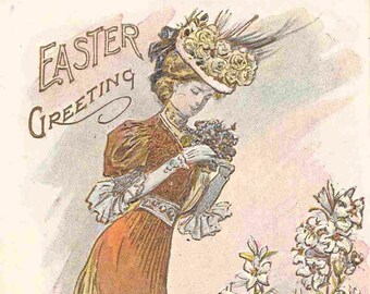 Vrouw die paasleliebloemen plukt Vrolijk Pasen 1910 ansichtkaart